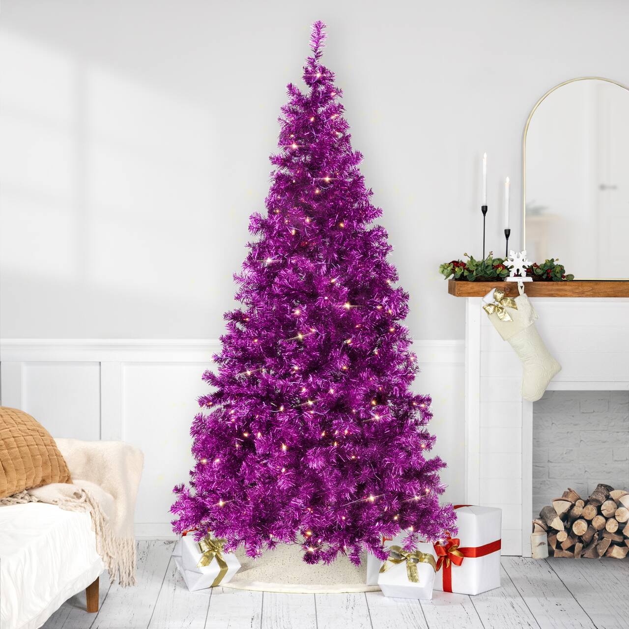 9ft. Pre-Lit Purple Artificial Tinsel Christmas Tree, Clear Lights
